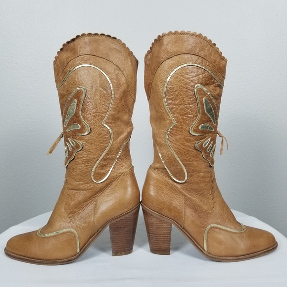AWOL 90s Y2K Barbie Bratz Butterfly Tan Leather Western Rockabilly Boots 7.5 - Picture 5 of 12